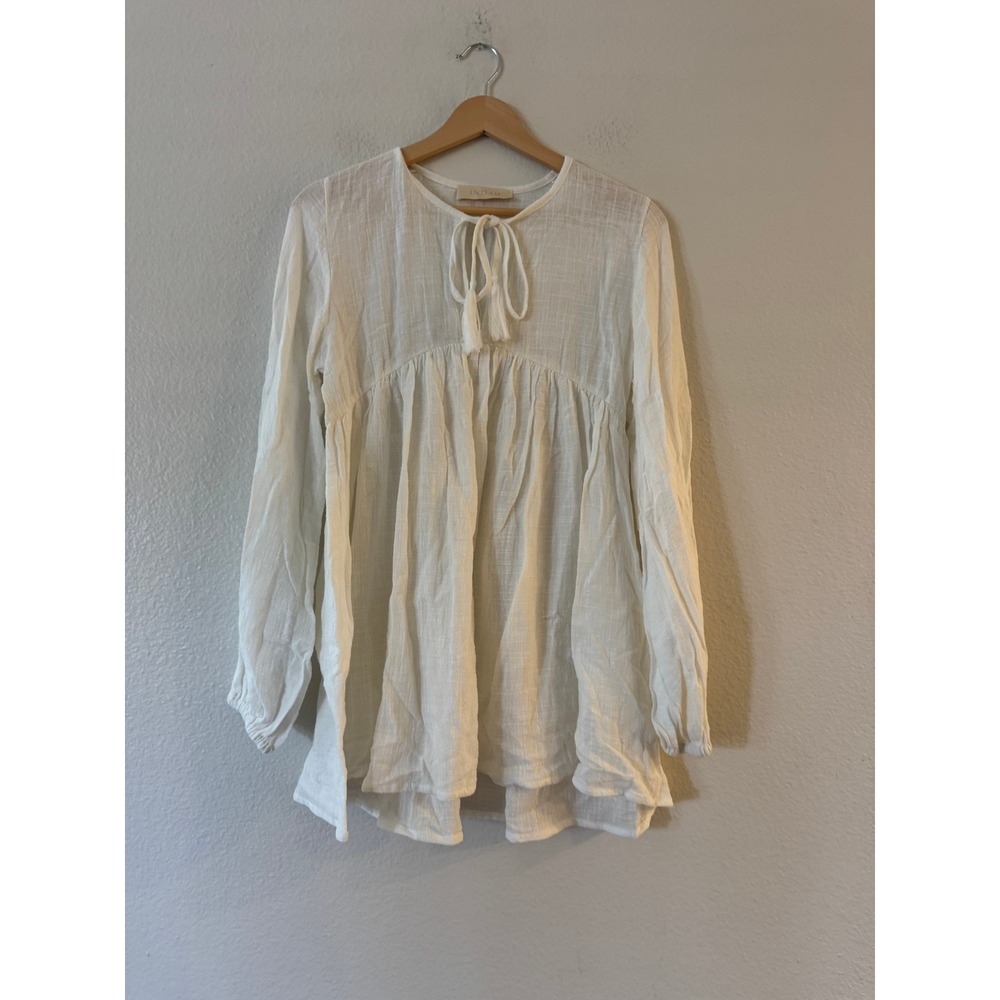 Indah White Cotton Gauze Tassel Tie Babydoll Tunic Top Boho XS White Excellent
